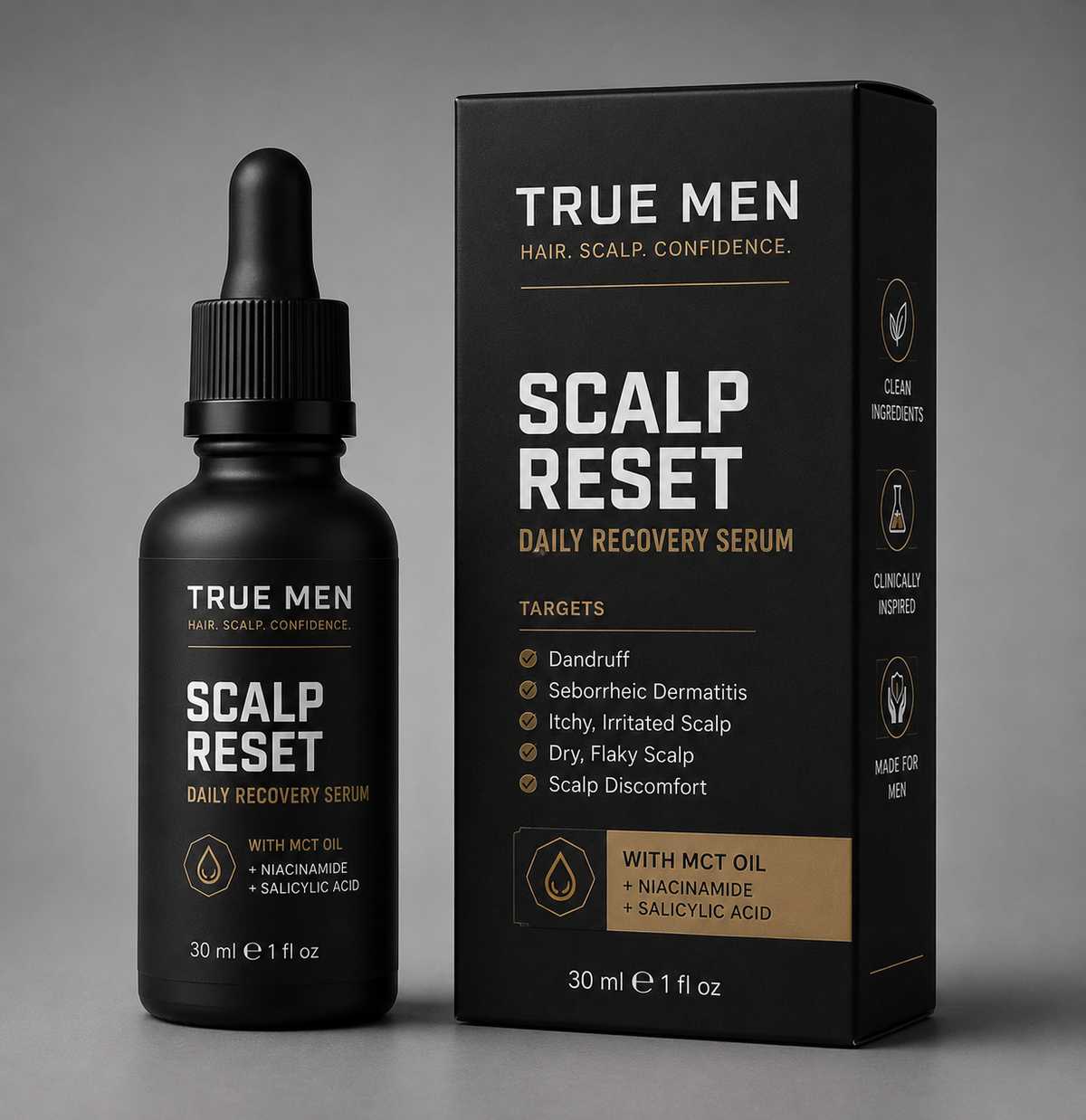True Men Scalp Reset Daily Recovery Serum bottle and box